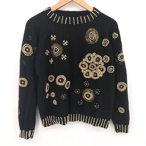 Vintage Lambs Wool Angora Rabbit Gold Beaded Sweater Floral Design Black Size L